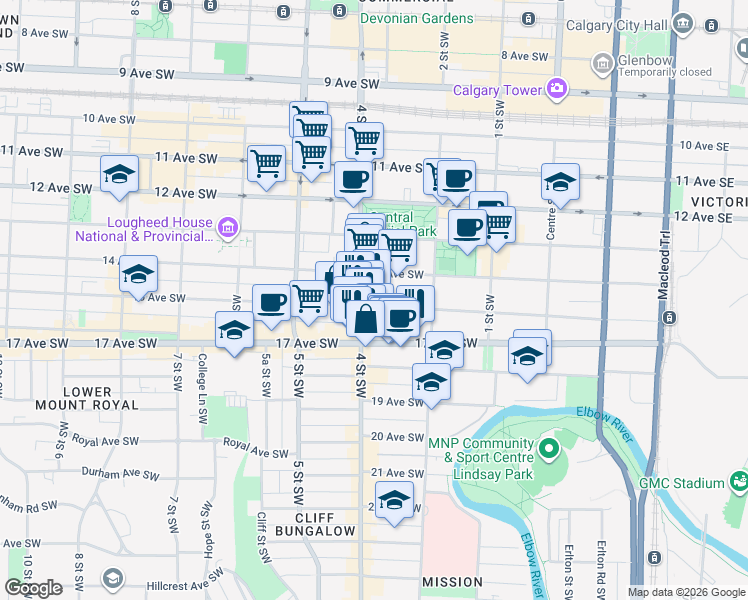 map of restaurants, bars, coffee shops, grocery stores, and more near 342 15 Avenue Southwest in Calgary