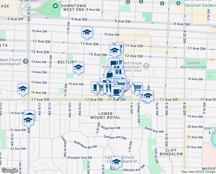 map of restaurants, bars, coffee shops, grocery stores, and more near in Calgary
