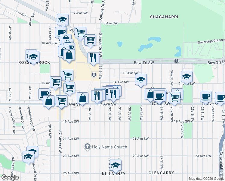 map of restaurants, bars, coffee shops, grocery stores, and more near 1714 32 Street Southwest in Calgary