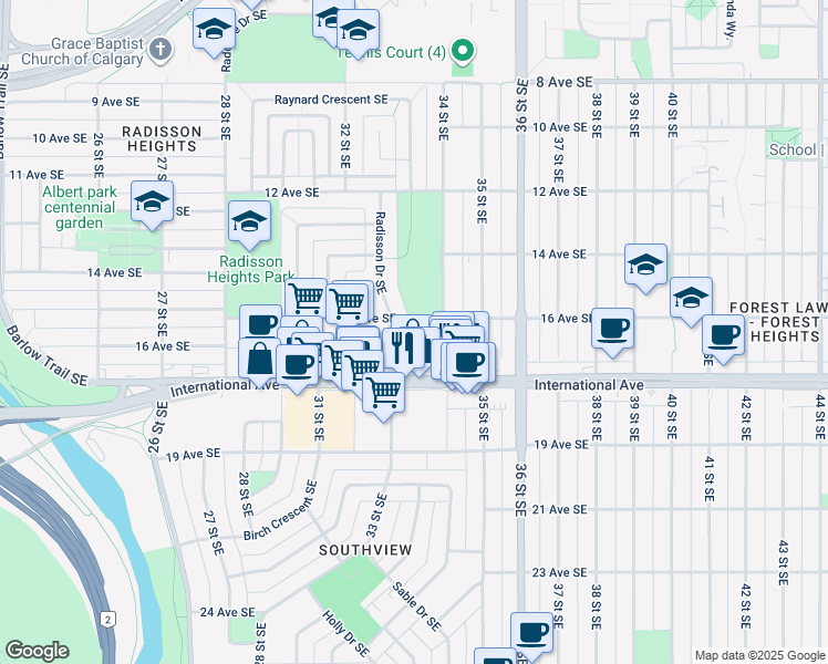 map of restaurants, bars, coffee shops, grocery stores, and more near 1710 Radisson Drive Southeast in Calgary
