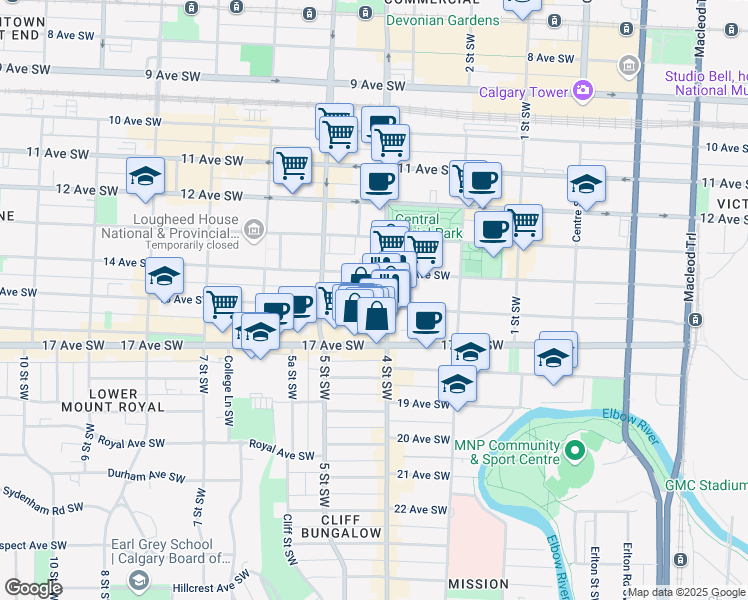 map of restaurants, bars, coffee shops, grocery stores, and more near 510 15 Avenue Southwest in Calgary