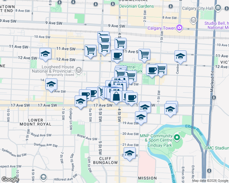 map of restaurants, bars, coffee shops, grocery stores, and more near 510 15 Avenue Southwest in Calgary