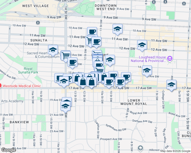 map of restaurants, bars, coffee shops, grocery stores, and more near in Calgary