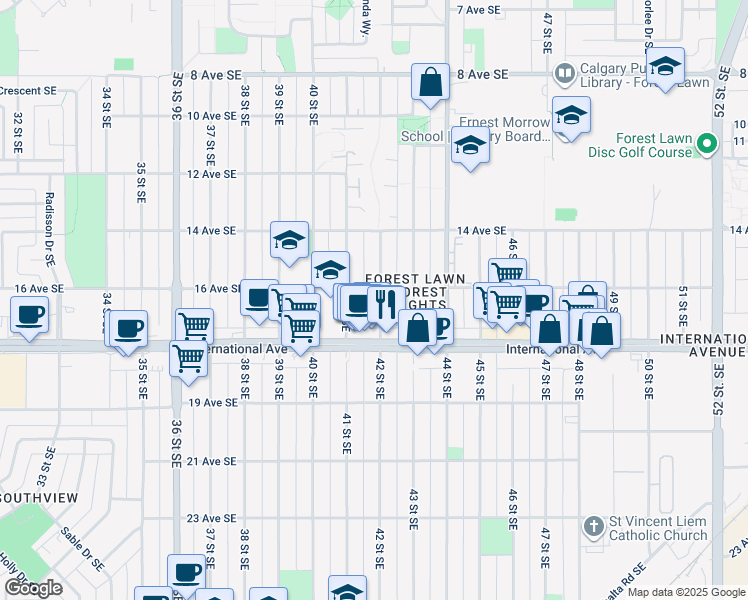 map of restaurants, bars, coffee shops, grocery stores, and more near 1707 42 Street Southeast in Calgary