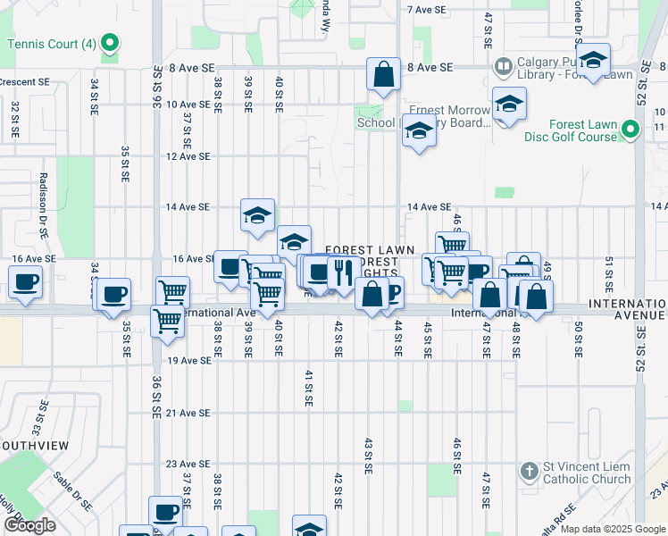map of restaurants, bars, coffee shops, grocery stores, and more near 1707 42 Street Southeast in Calgary
