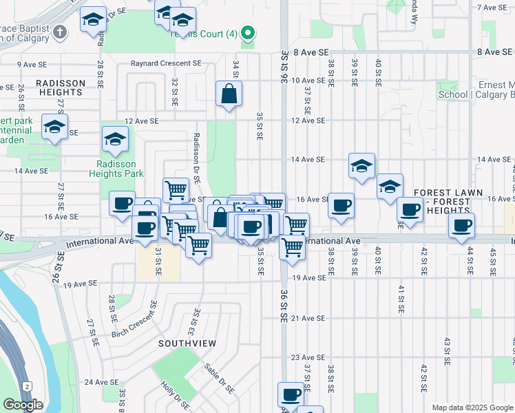 map of restaurants, bars, coffee shops, grocery stores, and more near in Calgary