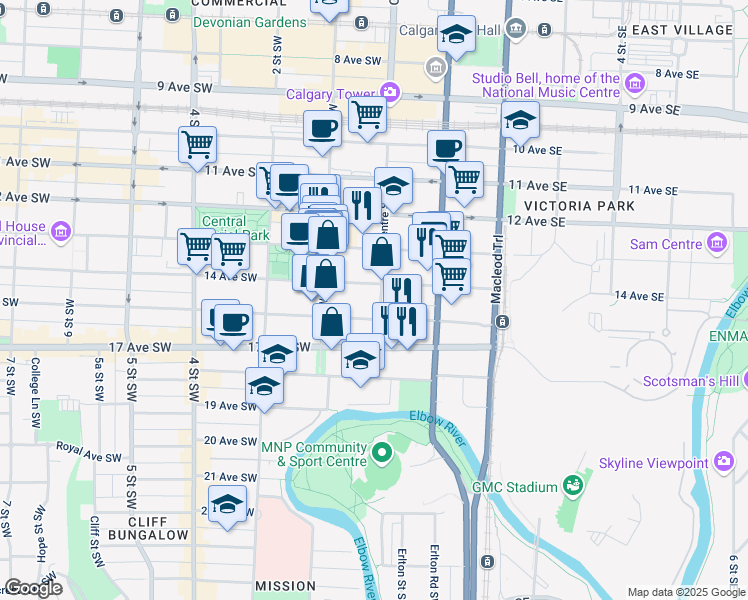 map of restaurants, bars, coffee shops, grocery stores, and more near in Calgary