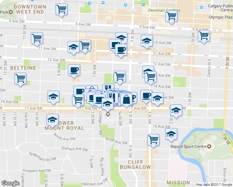 map of restaurants, bars, coffee shops, grocery stores, and more near in Calgary
