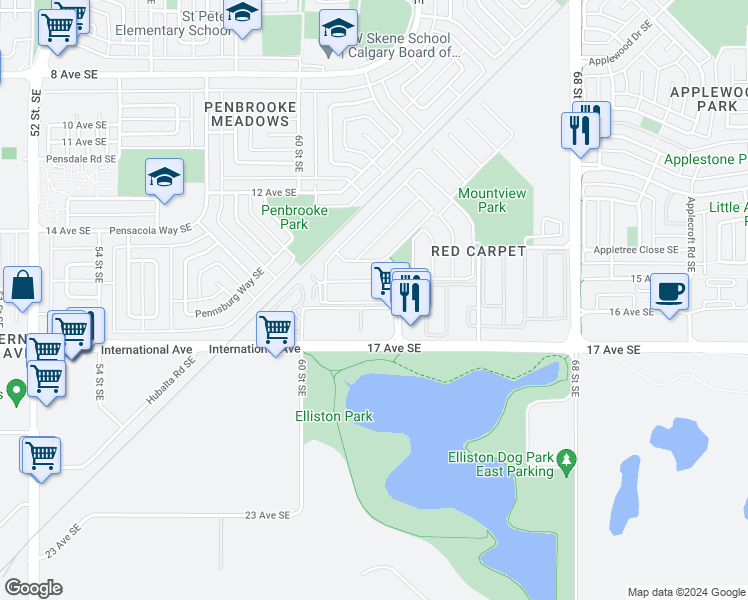 map of restaurants, bars, coffee shops, grocery stores, and more near 5 16A Avenue Southeast in Calgary