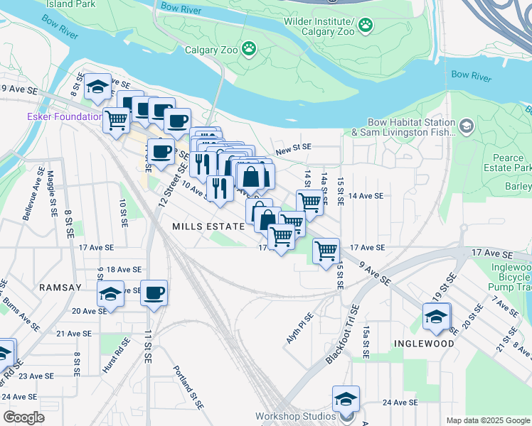 map of restaurants, bars, coffee shops, grocery stores, and more near 1435 9 Avenue Southeast in Calgary