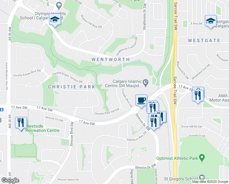map of restaurants, bars, coffee shops, grocery stores, and more near 103 Christie Park Green Southwest in Calgary