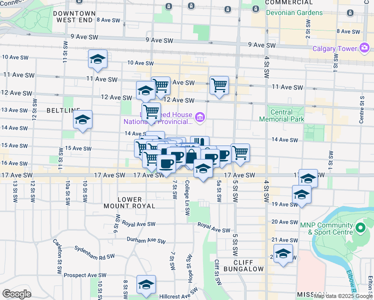 map of restaurants, bars, coffee shops, grocery stores, and more near 720 15 Avenue Southwest in Calgary