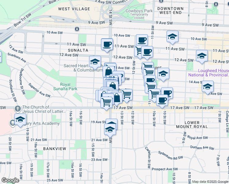 map of restaurants, bars, coffee shops, grocery stores, and more near 1339 15th Avenue Southwest in Calgary