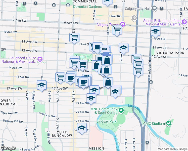 map of restaurants, bars, coffee shops, grocery stores, and more near in Calgary