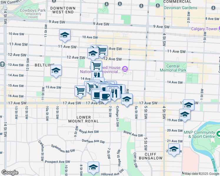 map of restaurants, bars, coffee shops, grocery stores, and more near in Calgary