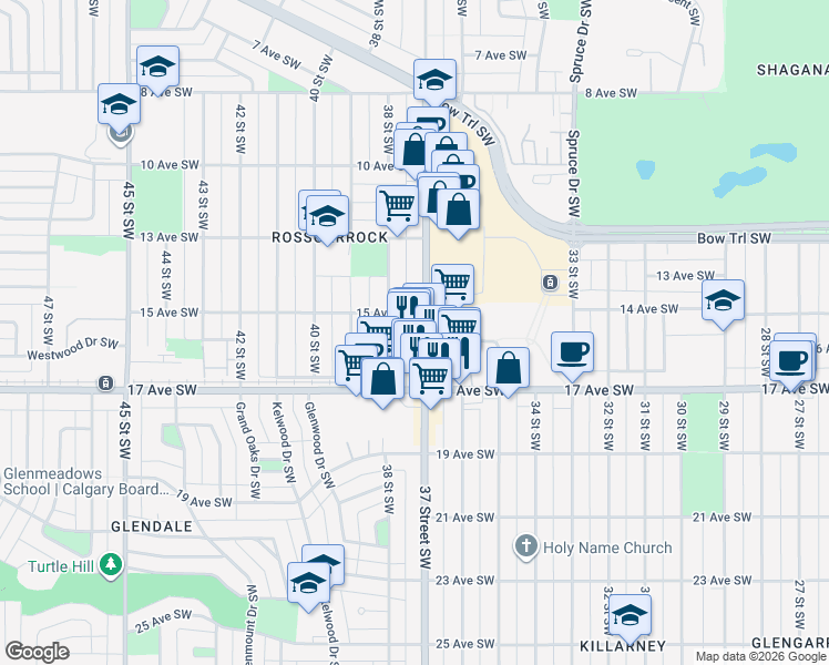 map of restaurants, bars, coffee shops, grocery stores, and more near 1611 37 Street Southwest in Calgary