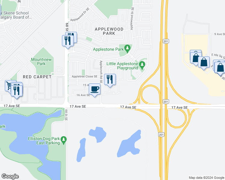 map of restaurants, bars, coffee shops, grocery stores, and more near 1620 70 Street Southeast in Calgary