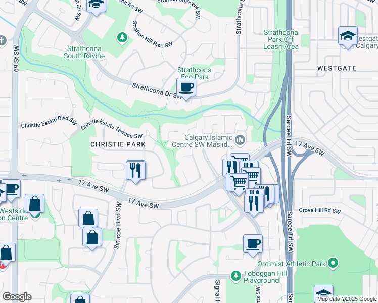 map of restaurants, bars, coffee shops, grocery stores, and more near 103 Christie Park Green Southwest in Calgary