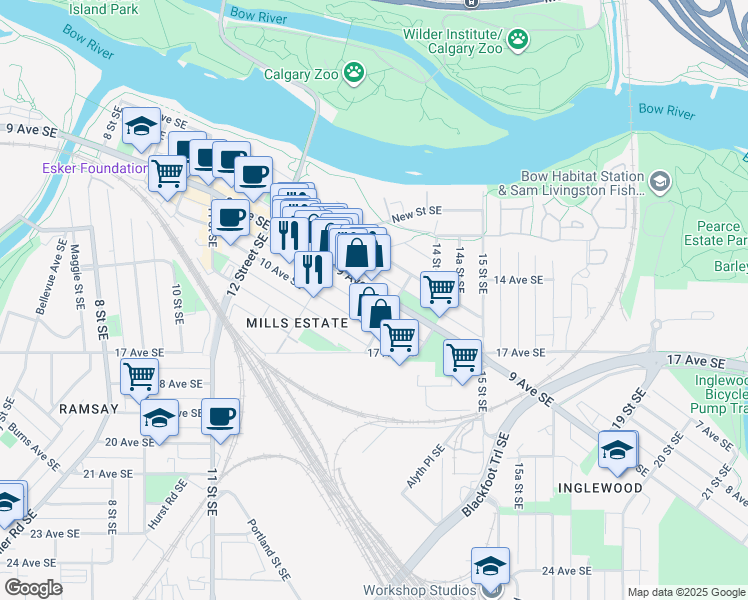map of restaurants, bars, coffee shops, grocery stores, and more near 1435 9 Avenue Southeast in Calgary