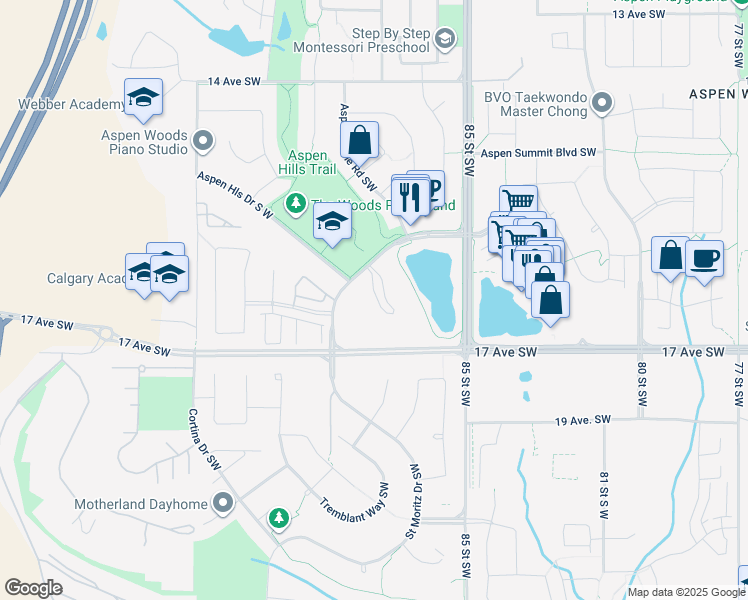 map of restaurants, bars, coffee shops, grocery stores, and more near 35 Aspenmont Heights Southwest in Calgary