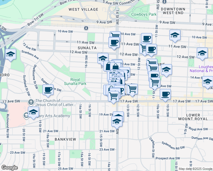map of restaurants, bars, coffee shops, grocery stores, and more near 1527 15 Avenue Southwest in Calgary