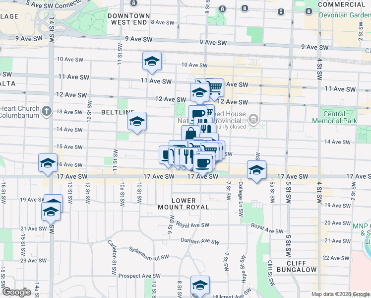 map of restaurants, bars, coffee shops, grocery stores, and more near 930 15th Avenue Southwest in Calgary