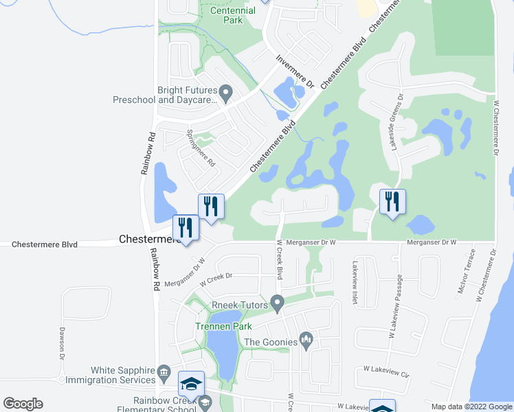 map of restaurants, bars, coffee shops, grocery stores, and more near 435 Lakeside Greens Court in Chestermere