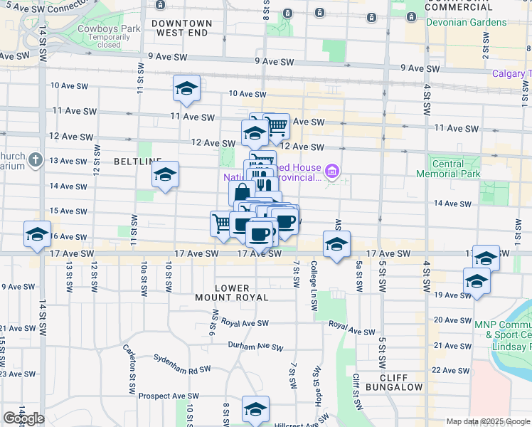 map of restaurants, bars, coffee shops, grocery stores, and more near 836 15th Avenue Southwest in Calgary