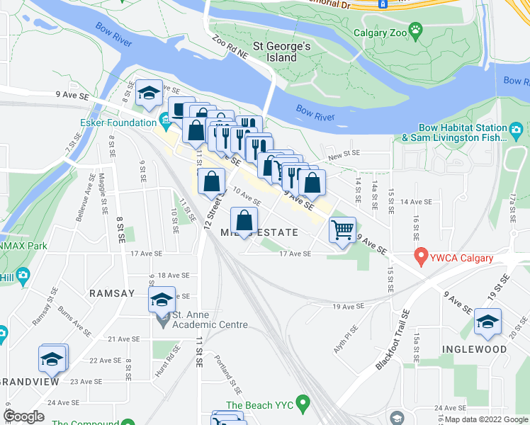 map of restaurants, bars, coffee shops, grocery stores, and more near 1339 10 Avenue Southeast in Calgary