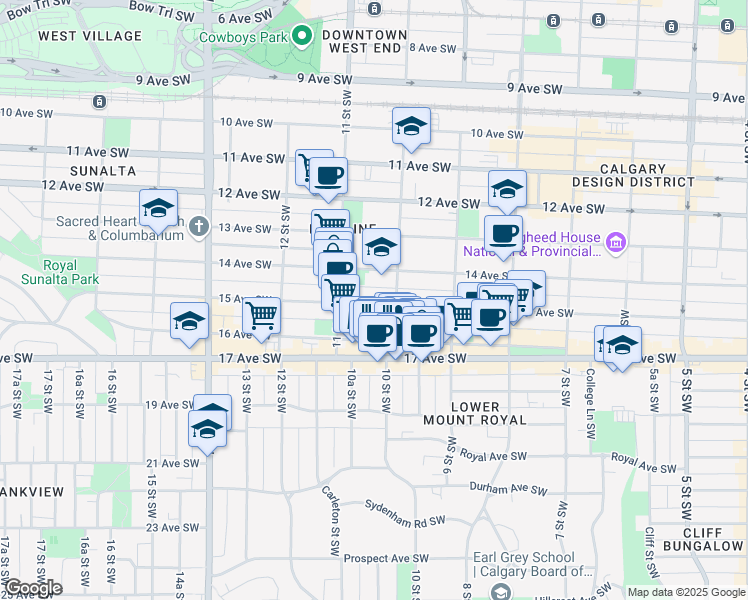 map of restaurants, bars, coffee shops, grocery stores, and more near in Calgary