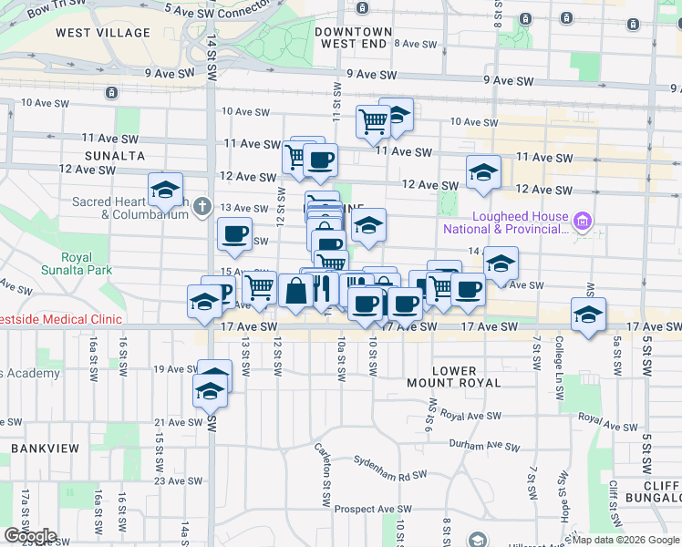 map of restaurants, bars, coffee shops, grocery stores, and more near in Calgary