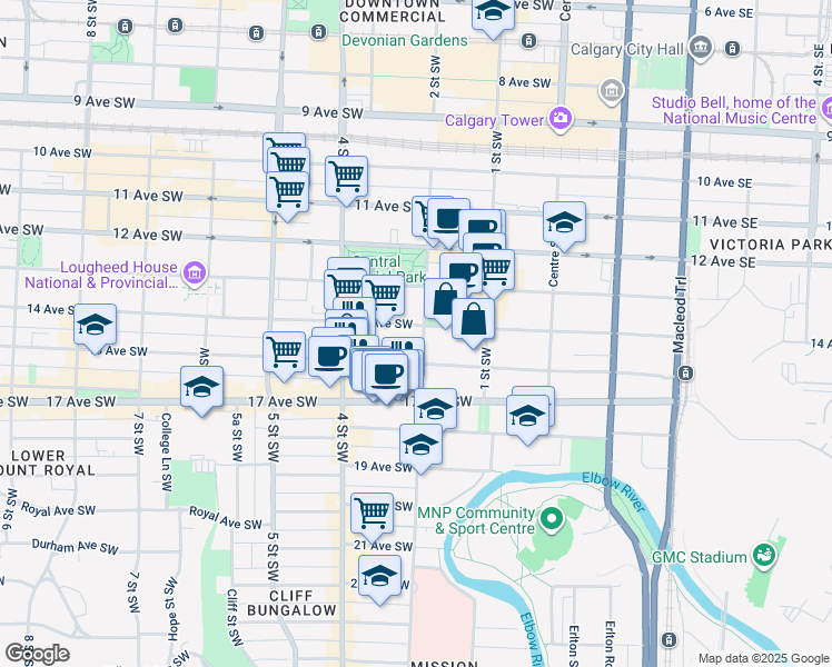 map of restaurants, bars, coffee shops, grocery stores, and more near in Calgary
