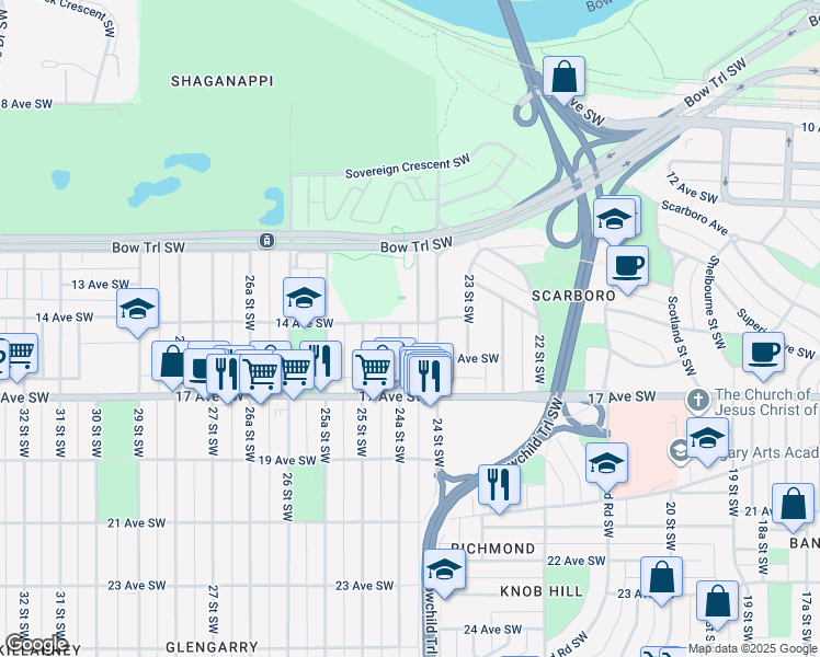 map of restaurants, bars, coffee shops, grocery stores, and more near 1717 24 Street Southwest in Calgary