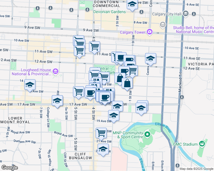 map of restaurants, bars, coffee shops, grocery stores, and more near in Calgary