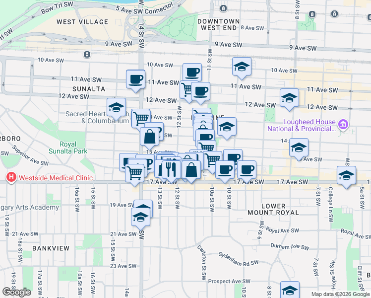 map of restaurants, bars, coffee shops, grocery stores, and more near in Calgary