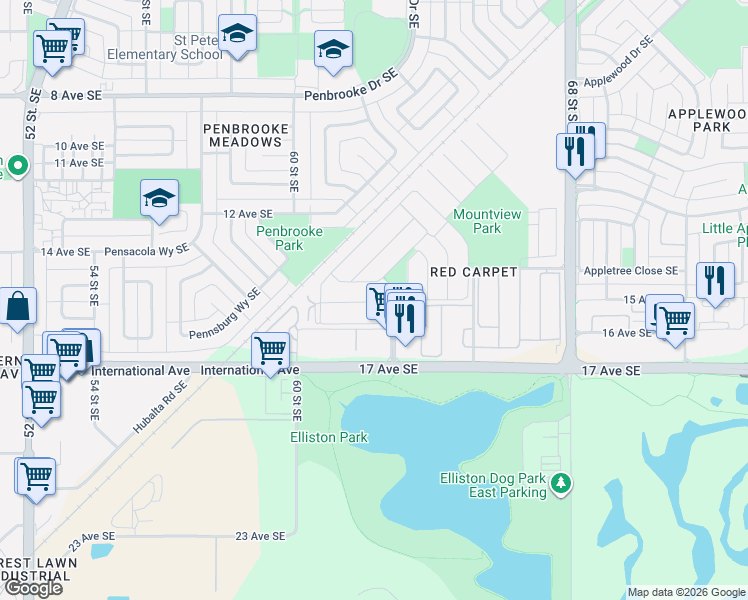 map of restaurants, bars, coffee shops, grocery stores, and more near 1704 61 Street Southeast in Calgary
