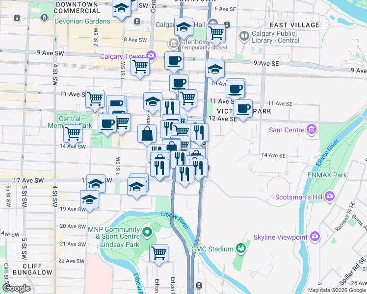 map of restaurants, bars, coffee shops, grocery stores, and more near in Calgary