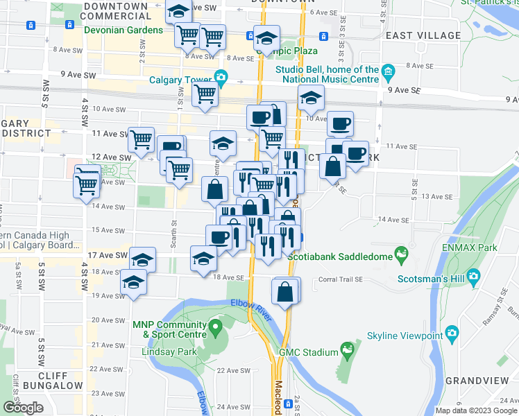 map of restaurants, bars, coffee shops, grocery stores, and more near 1444 14 Avenue Southeast in Calgary