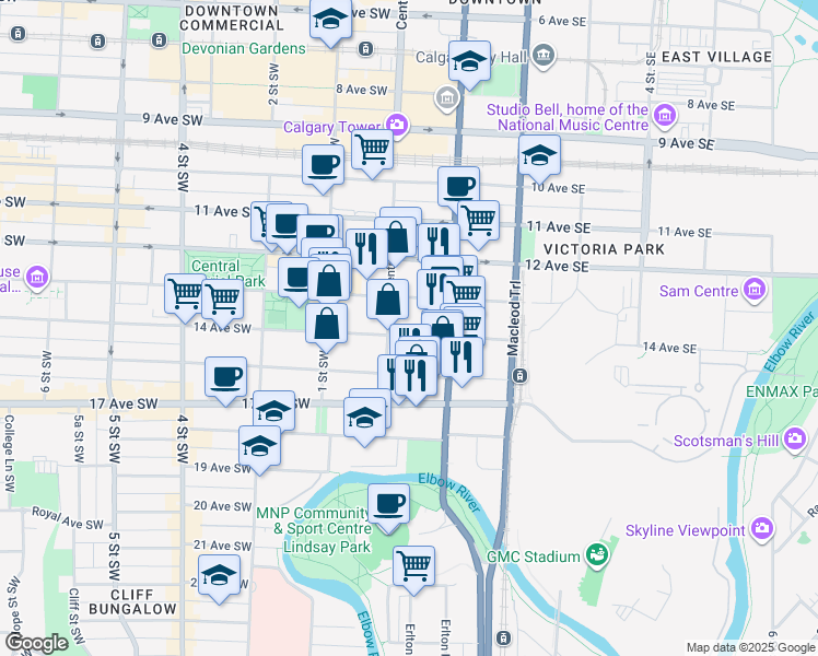 map of restaurants, bars, coffee shops, grocery stores, and more near 112 14 Avenue Southeast in Calgary