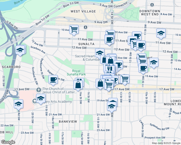 map of restaurants, bars, coffee shops, grocery stores, and more near in Calgary