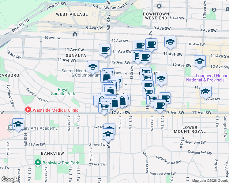 map of restaurants, bars, coffee shops, grocery stores, and more near 1510 14 Street Southwest in Calgary