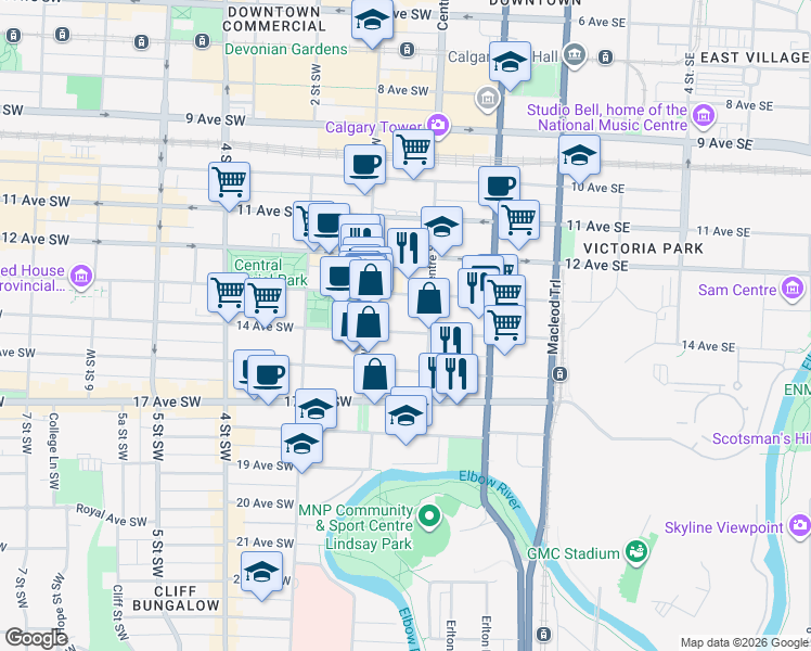 map of restaurants, bars, coffee shops, grocery stores, and more near 126 14 Avenue Southwest in Calgary