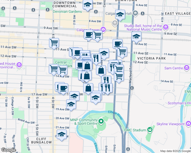 map of restaurants, bars, coffee shops, grocery stores, and more near 126 14 Avenue Southwest in Calgary