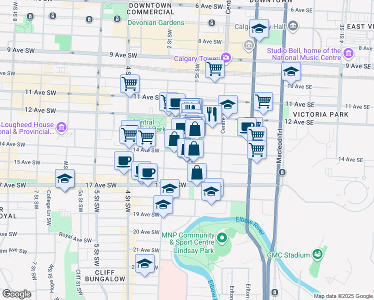 map of restaurants, bars, coffee shops, grocery stores, and more near 202 14 Avenue Southwest in Calgary