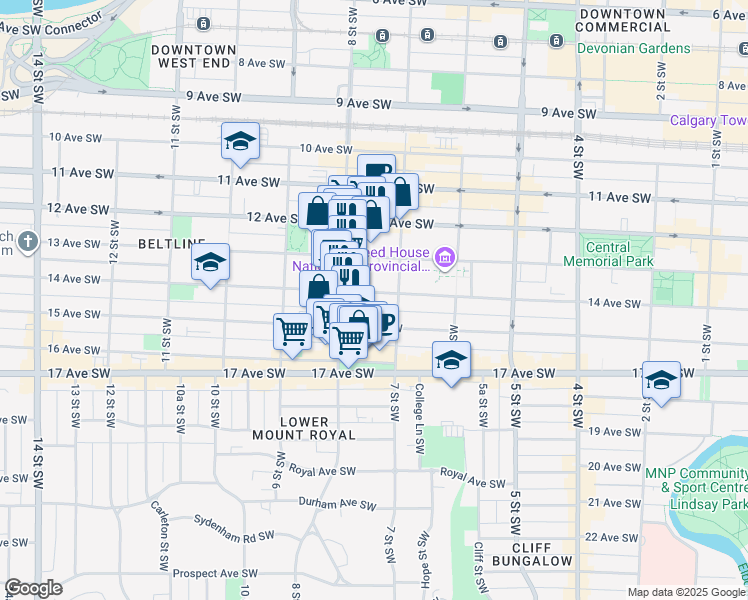 map of restaurants, bars, coffee shops, grocery stores, and more near 815 14 Avenue Southwest in Calgary
