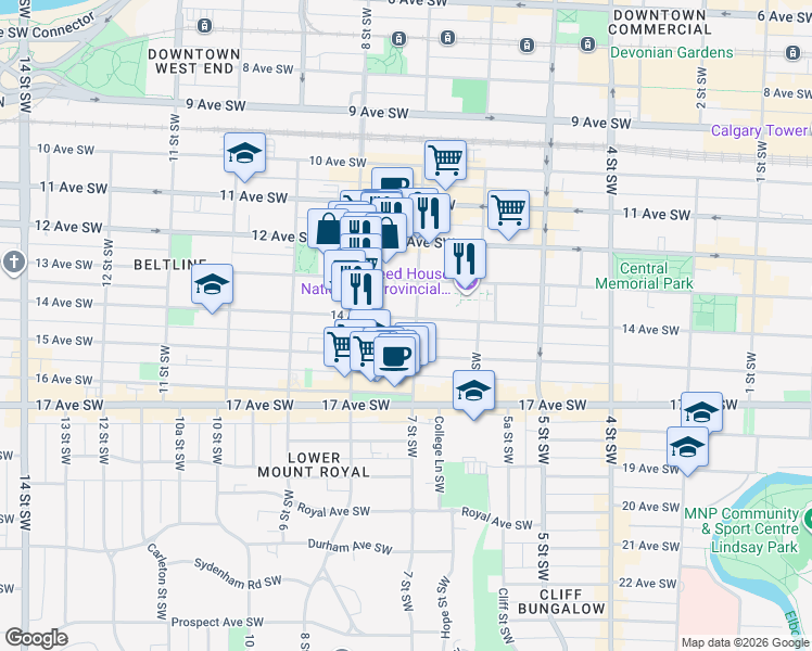 map of restaurants, bars, coffee shops, grocery stores, and more near 805 14 Avenue Southwest in Calgary