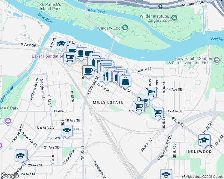 map of restaurants, bars, coffee shops, grocery stores, and more near in Calgary