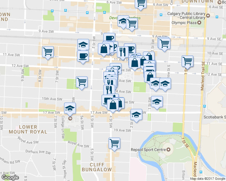 map of restaurants, bars, coffee shops, grocery stores, and more near 348A 14 Avenue Southwest in Calgary