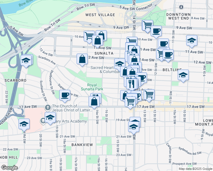 map of restaurants, bars, coffee shops, grocery stores, and more near 1630 15 Avenue Southwest in Calgary