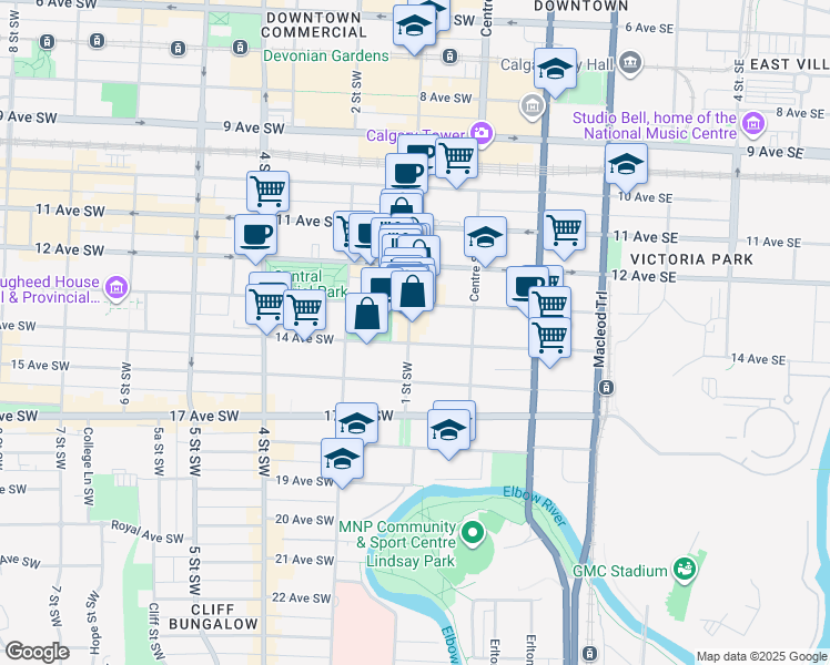 map of restaurants, bars, coffee shops, grocery stores, and more near 1308 1 Street Southwest in Calgary